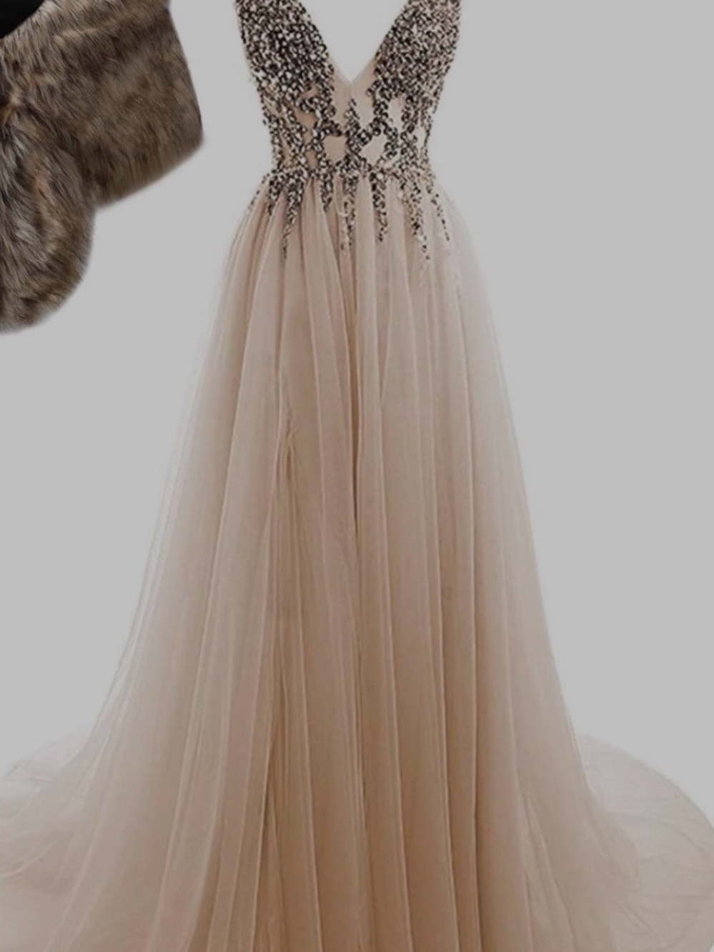 Amazon Champagne Beaded V-Neck Tulle Gown - Picture 2 of 7